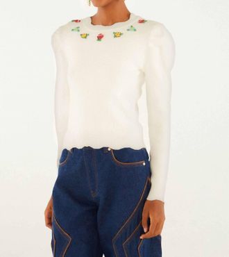 Farm Rio Flower Embroidered Knit Top In Off White