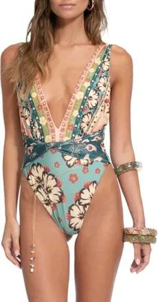 Agua Bendita Ellis Plume Floral Twist Front One-Piece Swimsuit in Blue at Nordstrom, Size Large