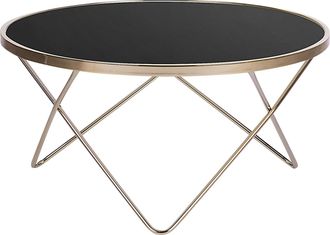 Beliani Beliani - Mesa De Centro Tablero De Cristal Templado Negro Patas De Horquilla De Metal Dorado Forma Redonda Meridian Ii