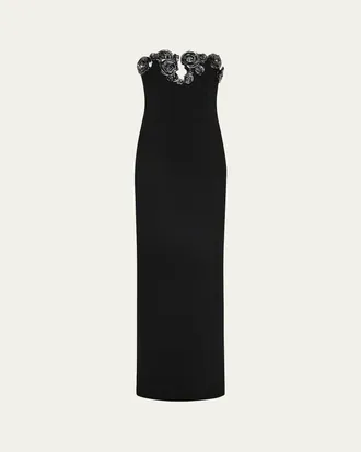 Rachel Gilbert Mirage Floral-Embellished Strapless Column Gown