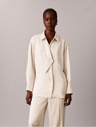 Calvin Klein Womens Satin Stripe Drape Neck Shirt - White - XS