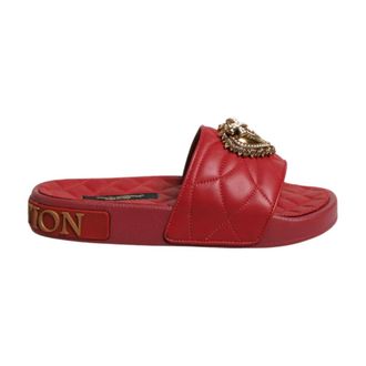 Dolce & Gabbana Sliders, female, Red, Size: 5 US Devotion Matelass&eacute; Leather Slides with Heart Motif