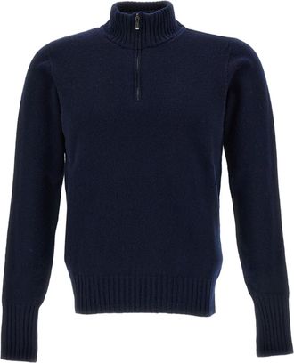 Drumohr Blue Half-Zip Flat-Knit Wool Turtleneck Sweater