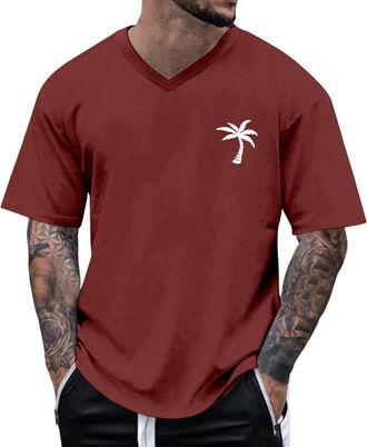 Generic Summer Shirts for Men Casual Short Sleeve Regular Fit Comfy V Neck Tsirt Classic Coconut Printed Fashion Beach Lightweight Breathable T-Shirt Sport Ru