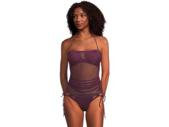 BECCA by Rebecca Virtue Muse Hadlee Bandeau Mesh Overlay Tankini Top Womens Swimwear Aubergine : SM, Mesh/Nylon/Polyester