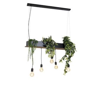 QAZQA R&uacute;stico L&aacute;mpara Colgante R&uacute;stica Negra Con Madera 5-luces - Flair Acero / Alargada Adecuado Para Led Max. 5 X 60 Watt - Qazqa