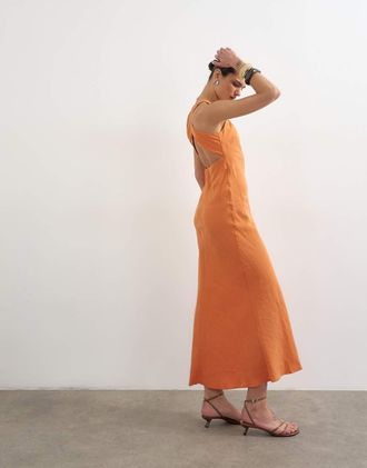 Topshop Vestito midi in tessuto cupro arancione con incrocio sul retro