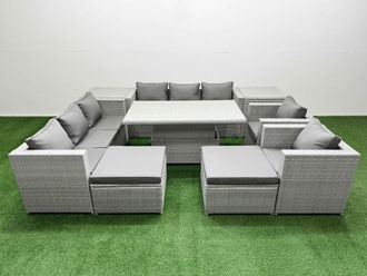 Fimous 9 PCs Rising Dining Table Set Rattan Furniture Set with 3 Seater Sofa in Light Grey