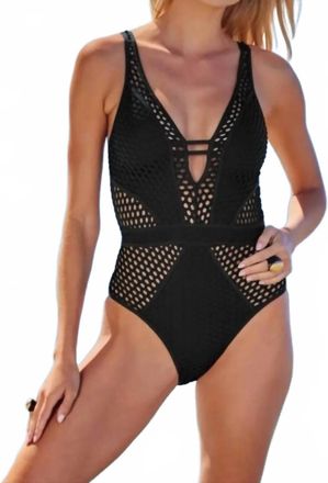 BECCA by Rebecca Virtue Castaway Fishnet Plunge One-Piece Swimsuit In Black