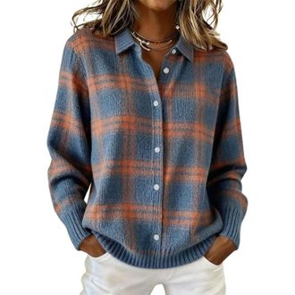 Generic Womens Plaid Print Casual Cotton/Polyester Cardigan - Long Sleeve V-Neck Button Down Design (Foggy Blue-Orange Check,XL)