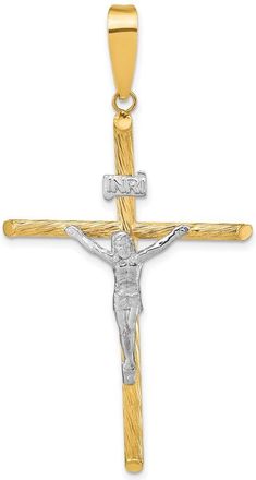 Diamond2Deal 14k Yellow Gold White Rhod Polished Textured INRI Crucifix Cross Pendant