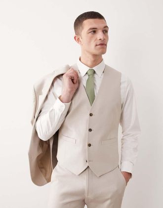 Asos Gilet da abito in misto lino color pietra-Neutro