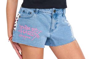 Ed Hardy Leopard Denim Shorts In Washed Blue