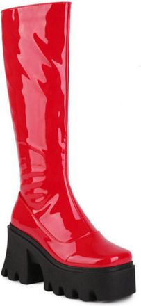 Generic Womens Elastic Fit Platform Knee-High Boots with Square Toe, Chunky Block Heel,Red,7.5 UK
