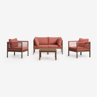 Sklum Conjunto De Jard&iacute;n Con Sof&aacute; Modular De 2 Piezas Con Reposabrazos, 2 Sillones Y Mesa De Centro En Madera De Acacia Branson Sklum