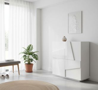 Dmora Zapatero Dfogl, Mueble Multiusos Con 2 Puertas, Zapatero De Entrada, 100% Made In Italy, Cm 81x38h86, Blanco Brillo Con Detalle - Dmora