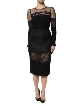 Dolce & Gabbana Womens Black Lace Trim Nylon Tulle Sheathmidi Dress