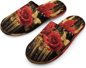 Generic Red Rose Gold Glitter Butterfly Mens Flannel Slipper Soft Non Slip House Shoes Comfy Winter Warm Indoor Outdoor Slippers