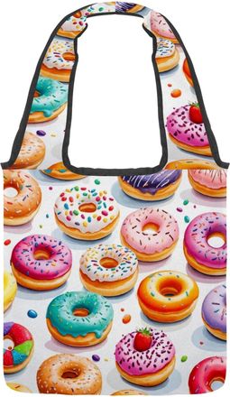 Generic Colorful Donuts Reversible Canvas Shoulder Tote - Double-Sided Print, 12oz Cotton, 27cm Drop, Fold-Flat Bag for Travel, Shopping, Street Outings