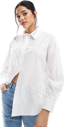 French Connection Lina - Camicia bianca in cotone con design misto alluncinetto-Bianco