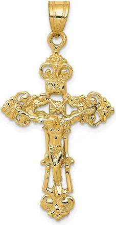 Diamond2Deal 14k Yellow Gold INRI Fleur De Lis Crucifix Pendant