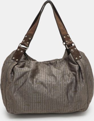 DKNY Dkny Grey/brown Logo Print Nylon And Leather Hobo