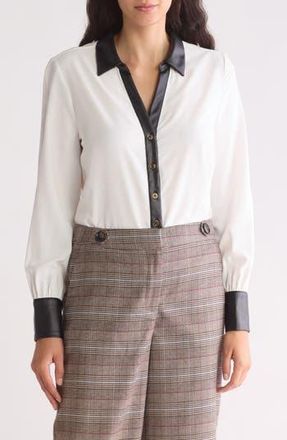 Ellen Tracy Faux Leather Trim Boyfriend Shirt in Marshmallow at Nordstrom Rack, Size X-Small