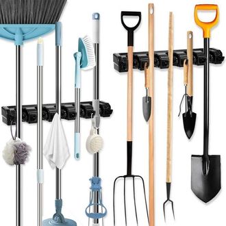 OEM Soporte De Pared De 2 Piezas Para Escobas - 10 Ranuras + 12 Ganchos Para Escobas, Herramientas De Jard&iacute;n Y Equipos De Garaje - Acero Resistente