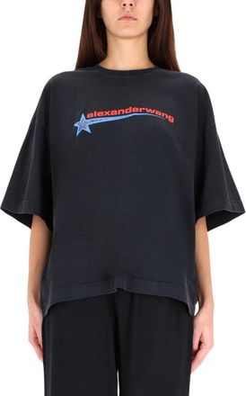 Alexander Wang Loose-Fitting Black T-Shirt With Graphic Design And Uneven Hem
