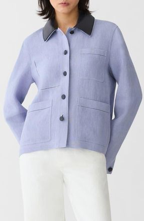 Lafayette 148 New York Linen Blend Canvas Jacket with Detachable Leather Collar in Catmint at Nordstrom, Size Medium
