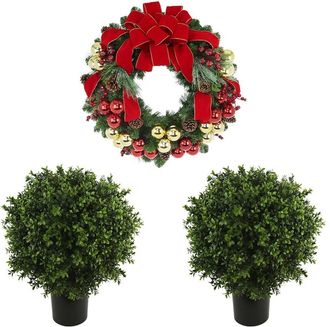 Creative Displays Inc. Modern Holiday Set With 26In Christmas Wreath & 2 Uv-Rated Boxwood Drop-Ins