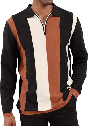 Generic Mens Muscle T Shirt Long Sleeve Activewear Blouse Mens Casual Fashion Color Blocked Striped Zipper Retro Long Sleeved Lapel Loose T Shirt for Indoor O