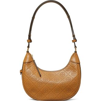 Tory Burch T-Monogram Embossed Crescent Shoulder Bag in Tan at Nordstrom