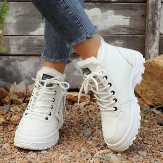 Generic Womens Snow Boots Winter Warm Booties Lace Up Ankle Boots Faux Fur Lined Booties Outdoor Anti-Slip Walking Shoes (White, 8.5)