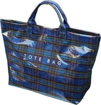 Generic Plaid PVC Tote Bag for Women, Large Letter Print Handbag, Waterproof Coated Shopping Bag, Spacious Bag for Travel, Daily Use (Blue Tartan)