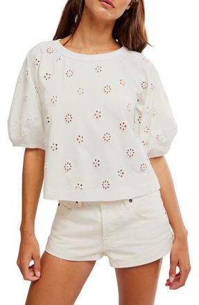 Free People Jessie Eyelet Puff Sleeve Top in Whisper White at Nordstrom, Size X-Small