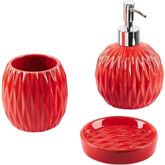 Beliani Beliani - Conjunto De Accesorios De Ba&ntilde;o De Dolomita Rojo Dispensador Jabonera Portacepillos Glamuroso Belem