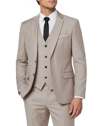 Mys Mens 3 Piece Slim Fit Suit Set with Tie, 2 Button Blazer Jacket Vest & Pants, Business Wedding Party Prom Suit for Men, Beige, L