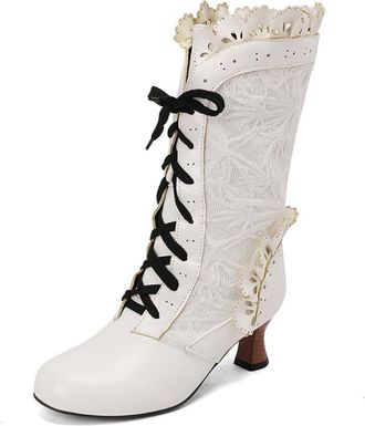 Generic Womens Lace Up Mid-Calf Boots Kitten Heel Vintage Victorian Boots Round Toe PU Leather Punk Boot,White,10.5 UK