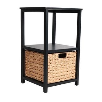 Happimess Cohen Coastal Bohemian Handcrafted Acacia Wood 2-Tier Storage Cabinet with 1 Water Hyacinth Woven Basket in Black at Nordstrom