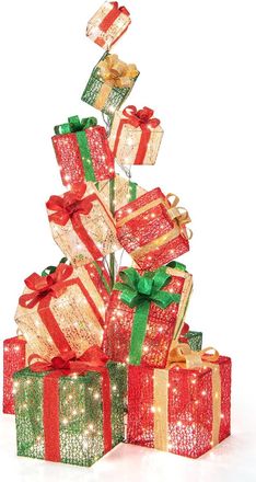 Costway Costway Torre De Cajas De Regalo Iluminada De 170 Cm, 450 Luces Blancas C&aacute;lidas, Juego De 15 Cajas De Regalo Apiladas Preiluminadas, Paquetes Navide&ntilde;o