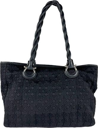 Ferragamo Black Nylon Canvas Leather Shoulder Bag Tote Bag (Pre-Owned)