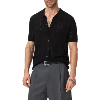 John Varvatos Emil Pointelle Short Sleeve Caridgan in Black at Nordstrom, Size X-Small