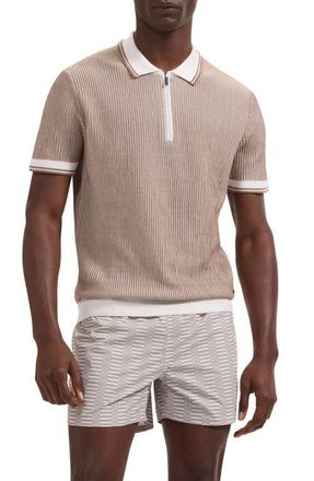 Bugatchi Ottoman Stitch Cotton & Silk Quarter Zip Polo Sweater in Tobacco at Nordstrom, Size Xxx-Large