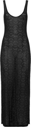 Philipp Plein Abito midi in tulle con monogramma e strass - Nero