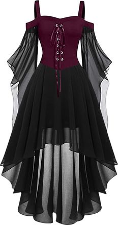 Generic Medieval Costume Women, Halloween Dresses Vintage Lace Renaissance Victorian Dress Cold Shoulder Butterfly Sleeve Retro Steampunk Rockabilly Goth 80s 