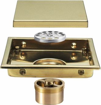 OEM Drain De Ducha - Canaleta Cuadrada 15x15 Cm - Acero Inoxidable - Sif&oacute;n De Suelo Con Tapa Y N&uacute;cleo Desodorizante De Lat&oacute;n - Acabado Dorado Mate - 1 Uni