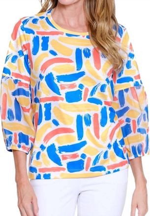 Multiples Sunny Brushstroke Lantern Sleeve Top In Multicolor
