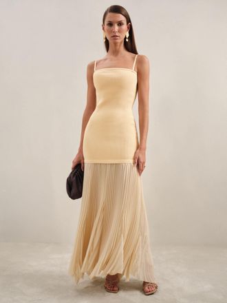 Reiss Womens Yellow Pleated Skirt Ribbed Midi Dress, Size: 12