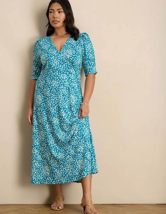 Live Unlimited London Womens Blue Ditsy Print Jersey Ruched Sleeve Wrap Dress - Green - Size: 24